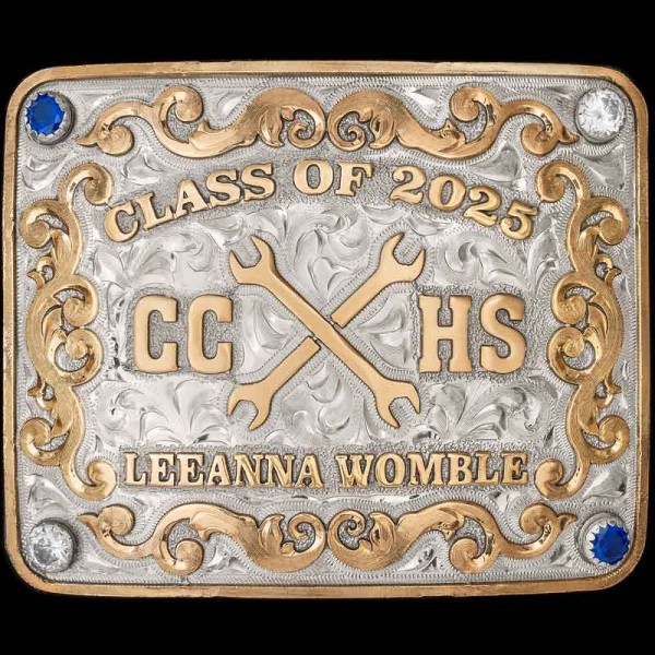 Celebrate any Accomplishment with the Blake Custom Belt Buckle. This Buckle is crafted on a hand-engraved, German Silver base. It's detailed with a straight, Jeweler's Bronze edge, scrolls and lettering. 4 large cubic zirconia stones in each corner.